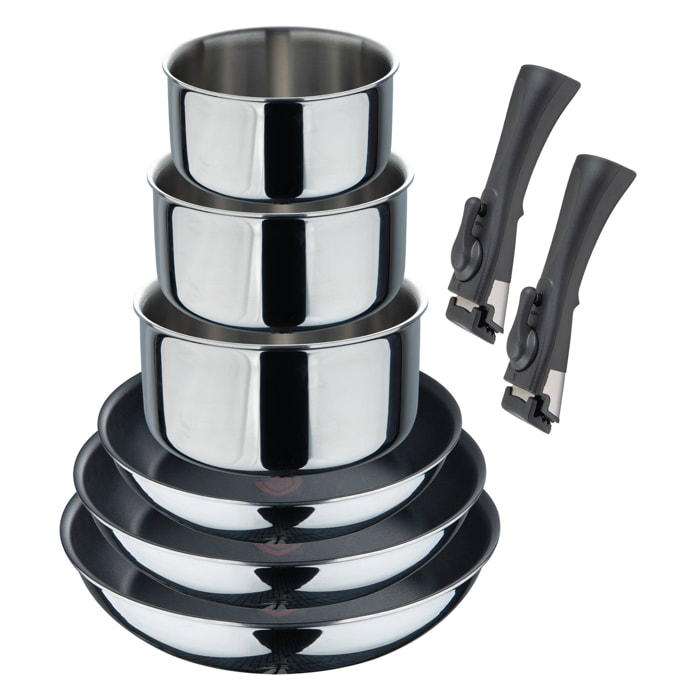 Set de 2 Sartenes Ø24Ø26cm revestimiento ILAG + 3 Cazos Ø16Ø18Ø20cm SIN revestimiento + 2 Mangos extraíbles - En acero inoxidable Click&Cook Bergner