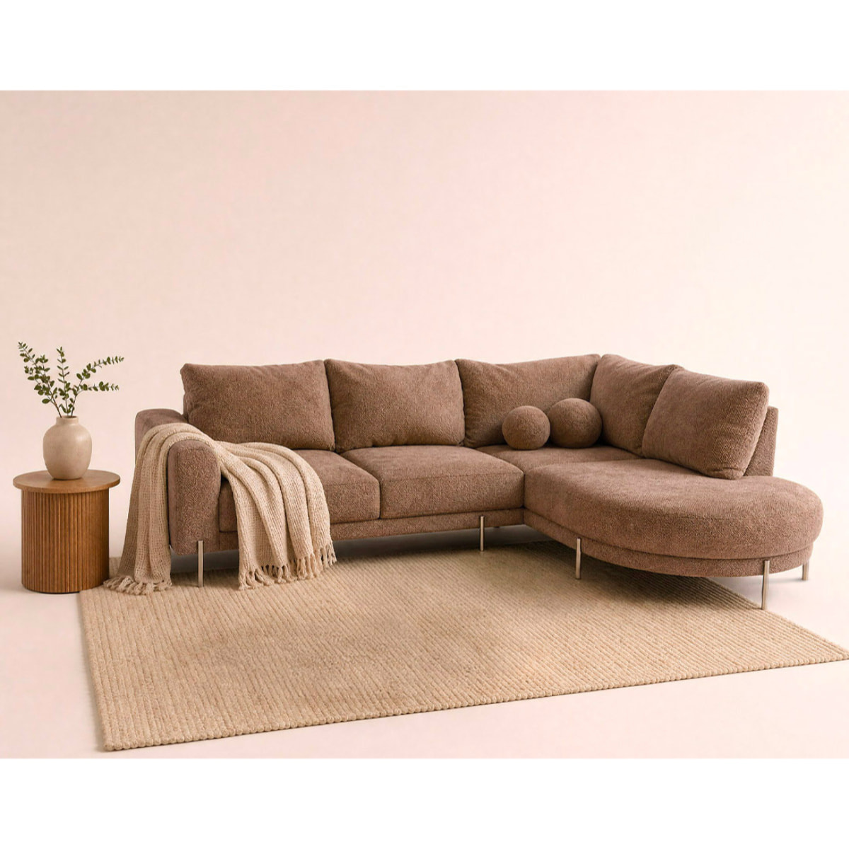 Gabin - Canapé d'angle droit 5 places en velours texturé - Taupe