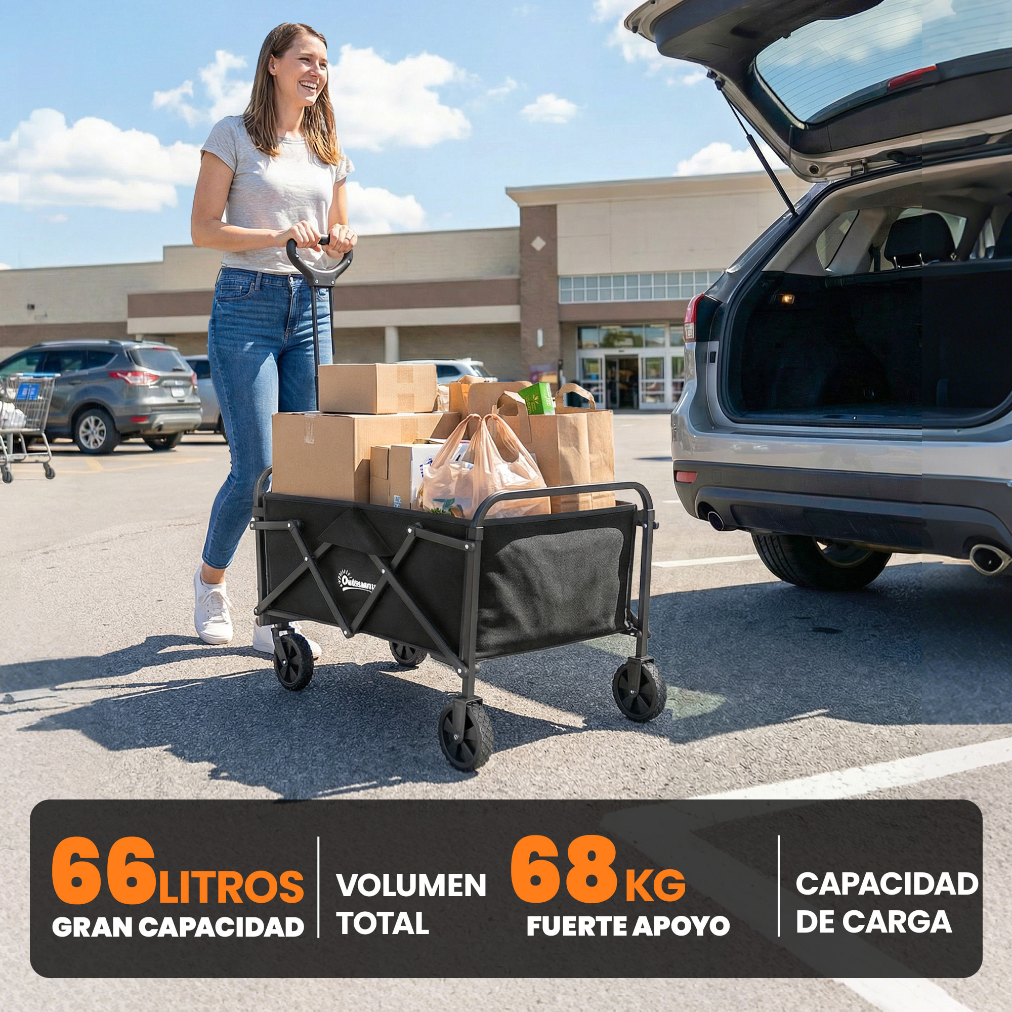 Carro Playa con Ruedas, Carro de Jardín Plegable con Mango Ajustable, Marco de Metal, Carga 68 kg, Carrito Transporte para Todo Terreno, Jardín, Campaña, Compra, Negro