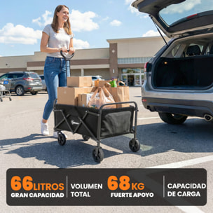 Carro Playa con Ruedas, Carro de Jardín Plegable con Mango Ajustable, Marco de Metal, Carga 68 kg, Carrito Transporte para Todo Terreno, Jardín, Campaña, Compra, Negro