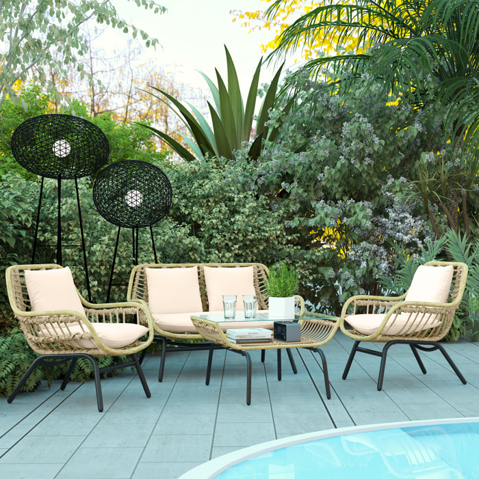 Salon de jardin 4 pers. 4 pièces style exotique coussins inclus beige