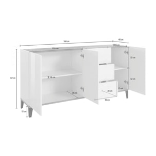 Credenza moderna a 3 ante e 3 cassetti, Made in Italy, Madia da cucina rialzata, Buffet di design da soggiorno, Cm 160x40h82, Bianco lucido e Ardesia