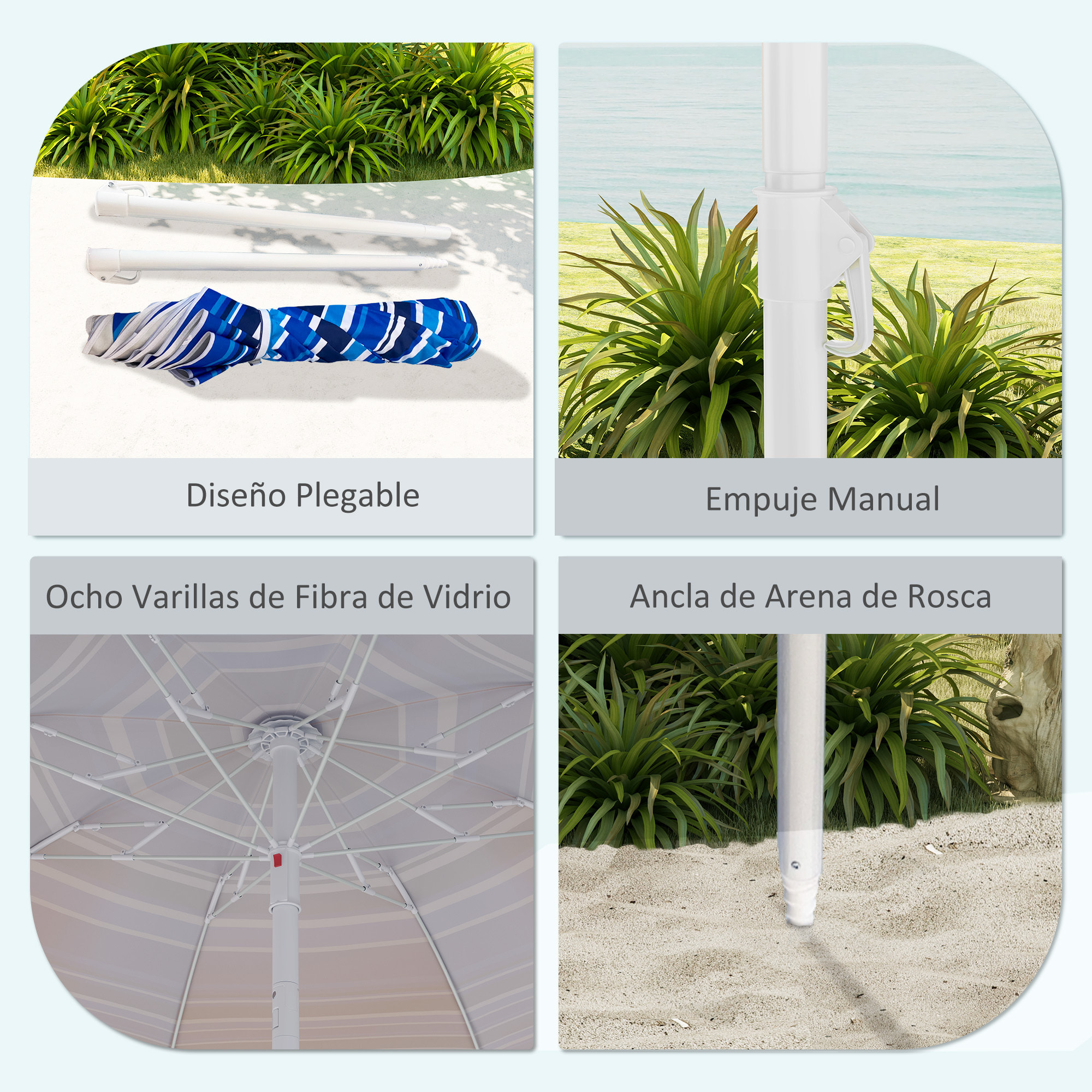 Sombrilla de Playa Grande Ø180 cm Sombrilla de Terraza Exterior Plegable con Ángulo Ajustable Protección UV50+ Impermeable Mástil de Ø32 mm Multicolor