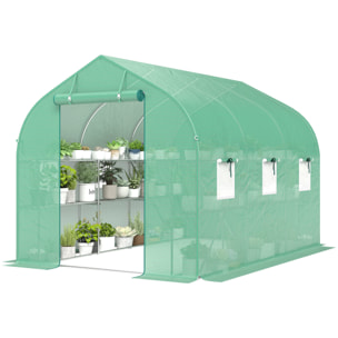 Serre tunnel de jardin étagères 6 fenêtres bâche PE acier vert