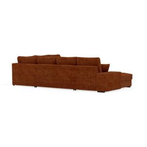 Lorie - Canapé panoramique d'angle droit 7 places convertible en velours côtelé grosse côte avec coffre - Terracotta