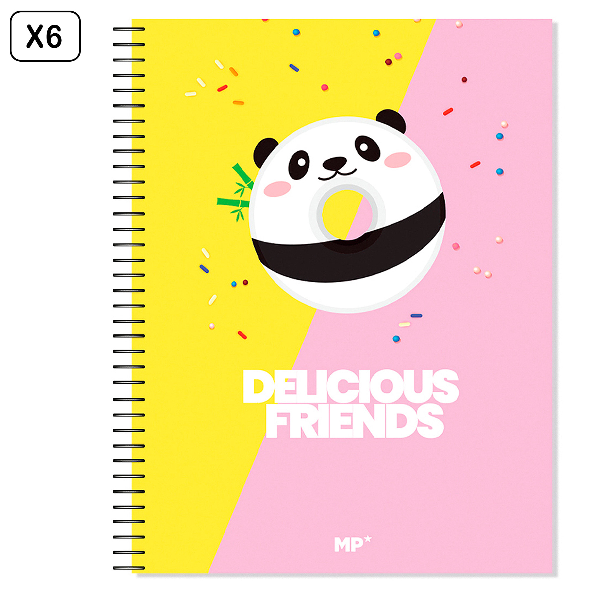 PACK 6 UNIDADES CUADERNO EXTRADURA A4 120 HOJAS CUADRICULA DISEÑO DELICIOUS FRIENDS PANDA