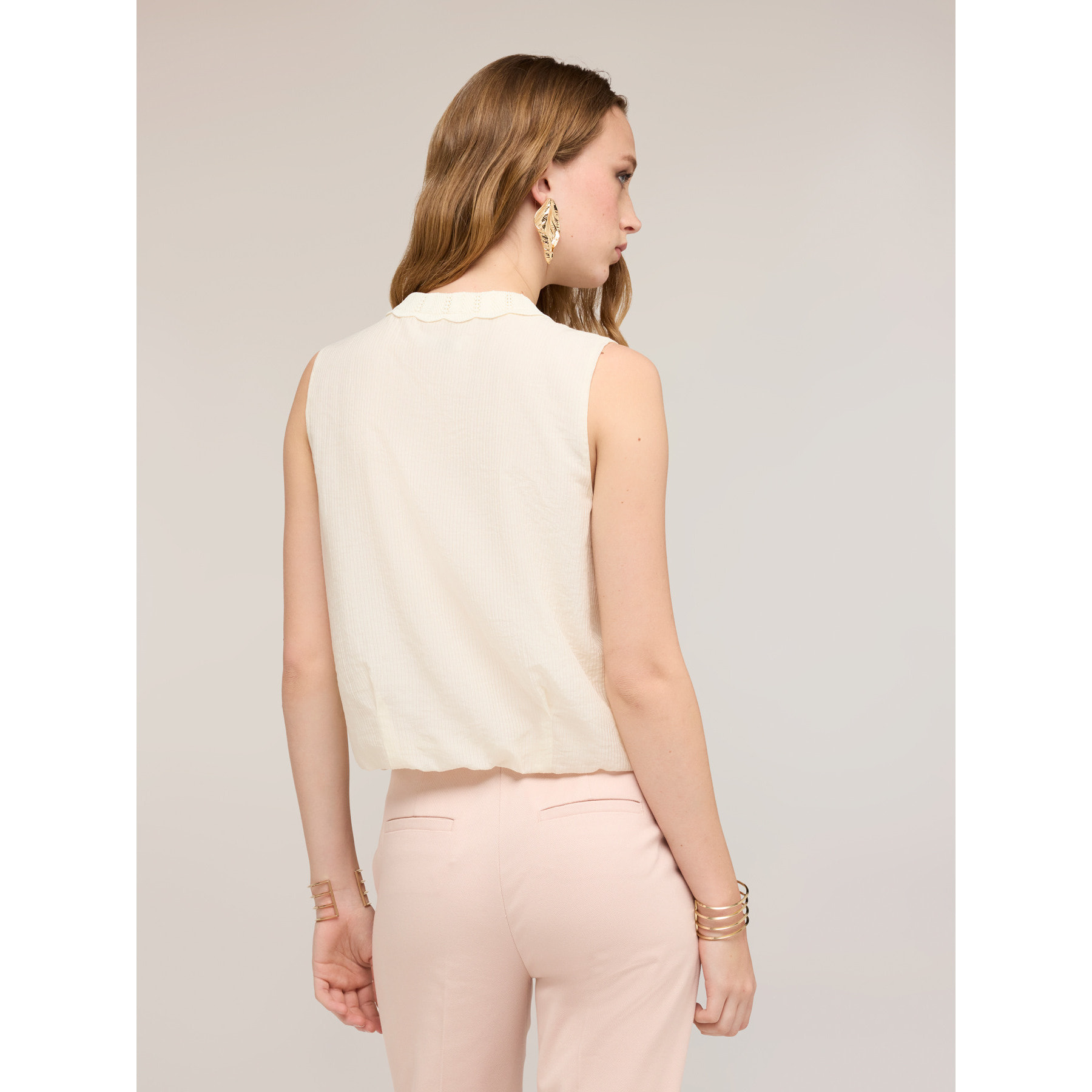 Motivi - Top mezcla lyocell con bordes de punto - Blanco