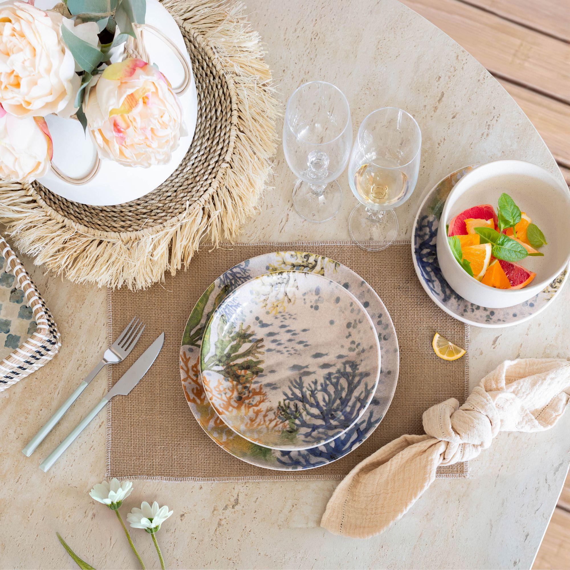 Lot de 6 assiettes creuses motif aquatique en grès 20,5cm CORFOU