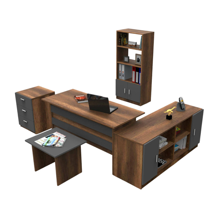 Set da ufficio Hilda, Composizione da studio, Kit ufficio, Set scrivania e cassettiera, Noce e Antracite