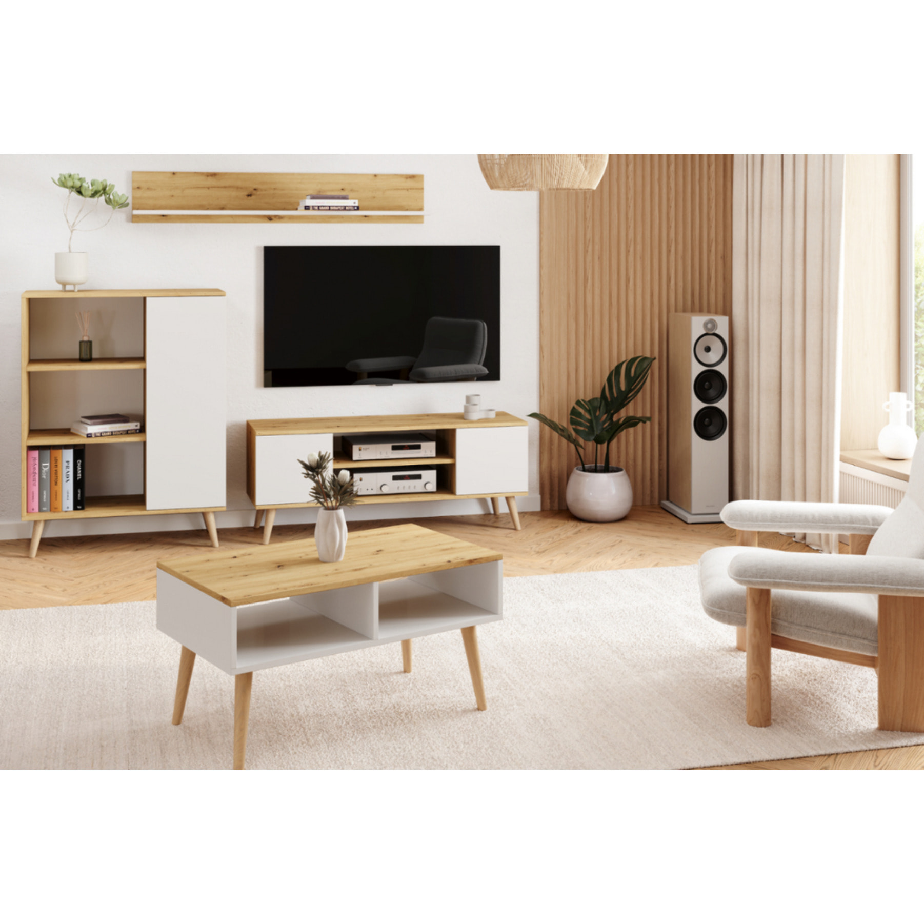 Tavolino da salotto SANDI scandinavo bianco e rovere Artisan con ripiano
