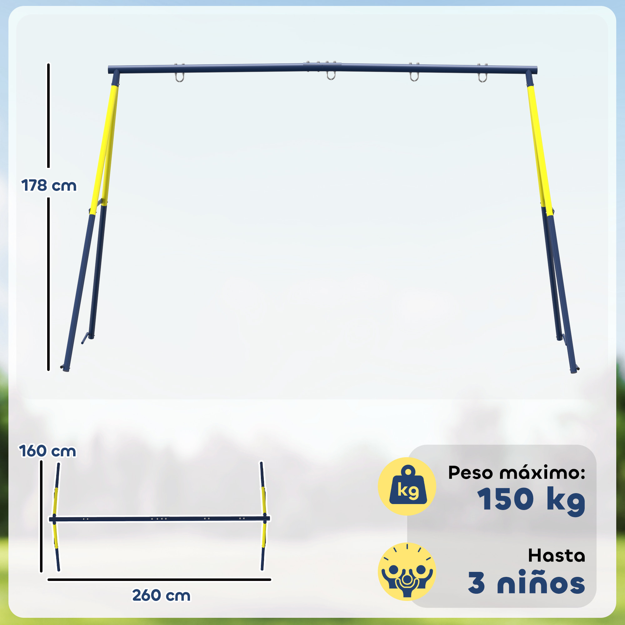 Estructura de Columpio Infantil, Estructura Metálica para 2 Columpios, Resistente para 150 kg, para Asiento, Nido y Escalera de Trepar, para Jardín, Balcón, 260x160x178 cm, Azul