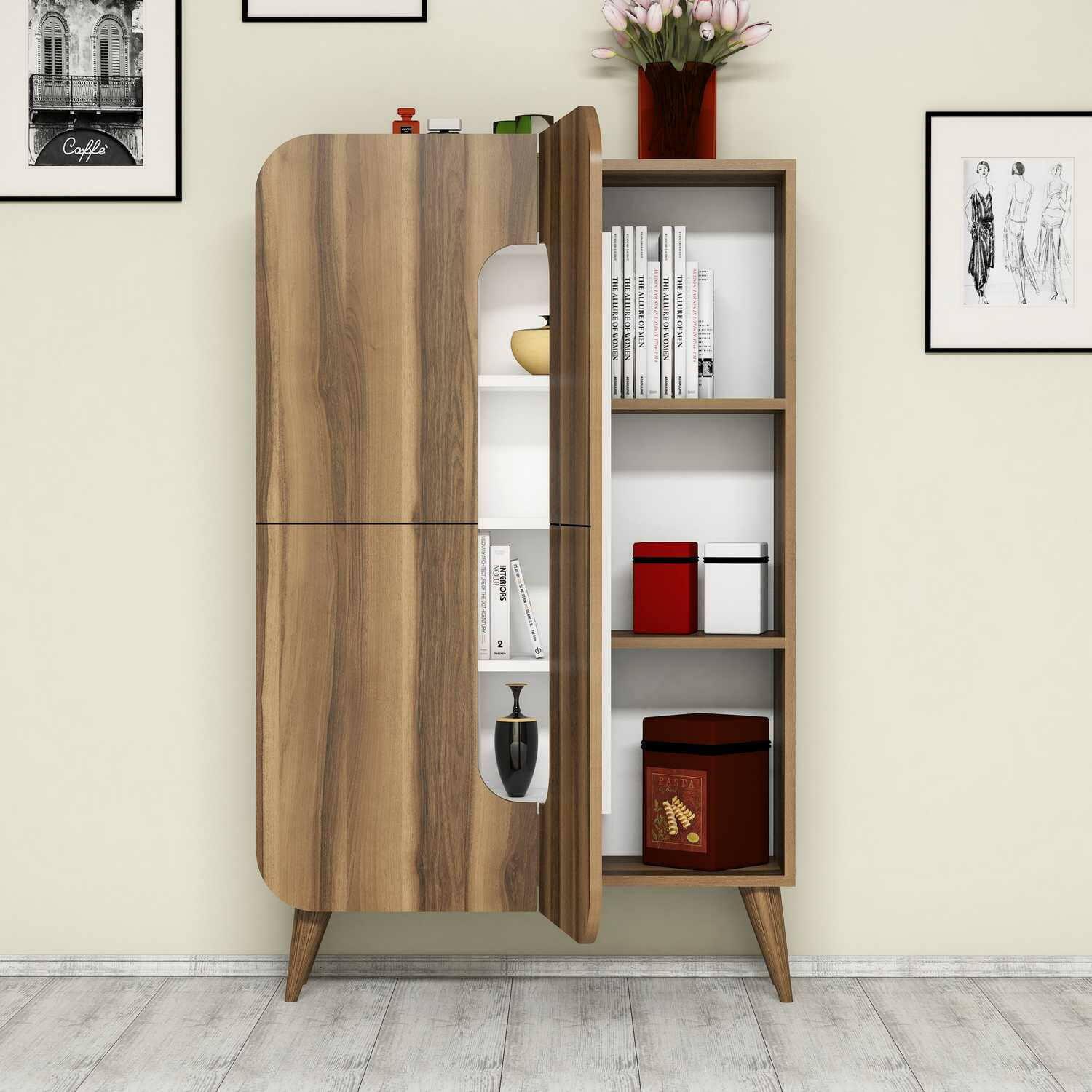 Credenza Dgaudenz, Buffet da soggiorno, Madia da salotto, Dispensa da cucina, 93x32h144 cm, Noce e Bianco