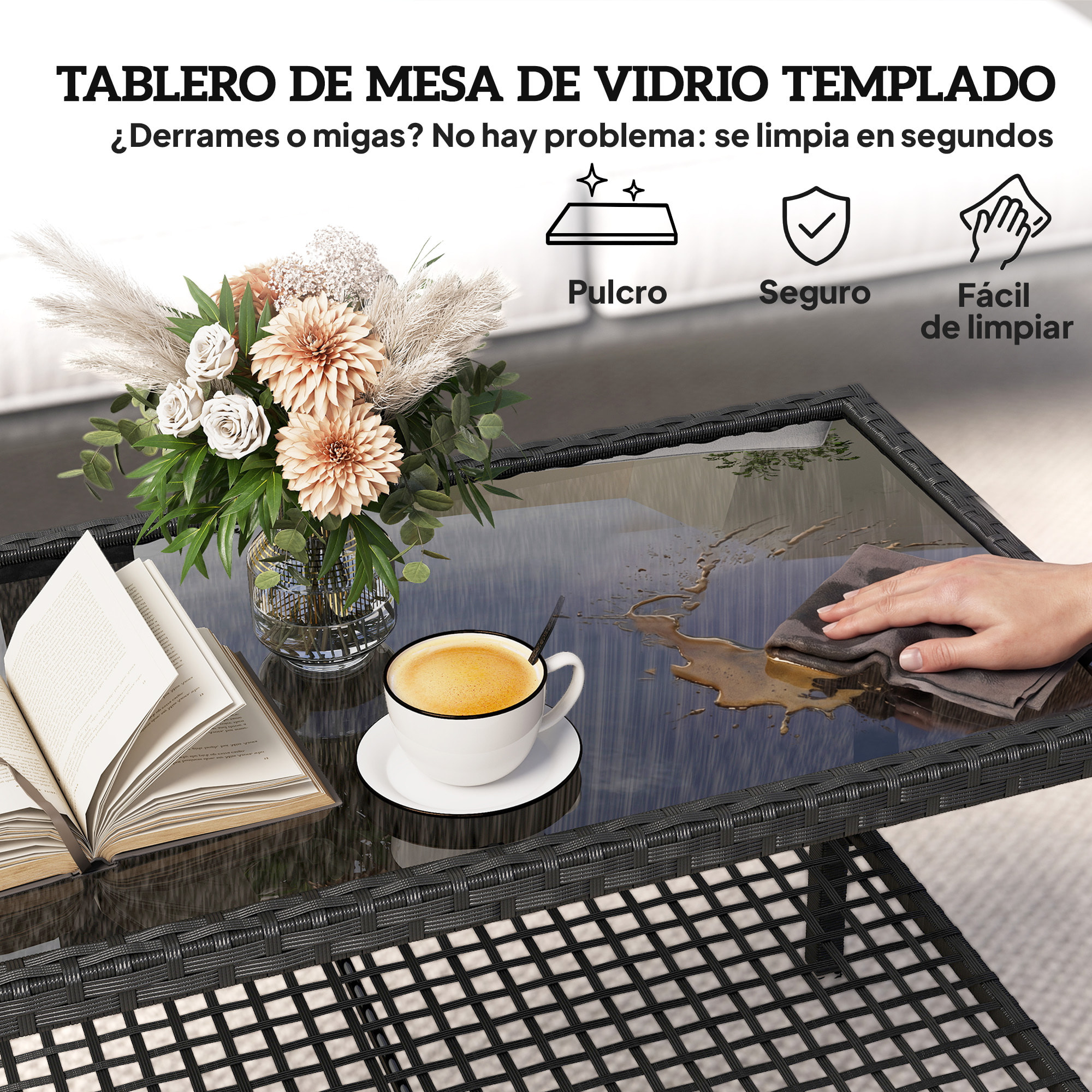 Mesa de Jardín de Ratán, Mesita Auxiliar con Estante, Tablero de Vidrio Templado, Estructura de Acero, para Terraza, Patio, Balcón, 92x50x45 cm, Negro