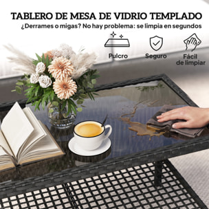 Mesa de Jardín de Ratán, Mesita Auxiliar con Estante, Tablero de Vidrio Templado, Estructura de Acero, para Terraza, Patio, Balcón, 92x50x45 cm, Negro