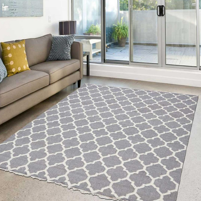 Tapis Kilim tissé à la main en laine motif Géométrique gris et blanc