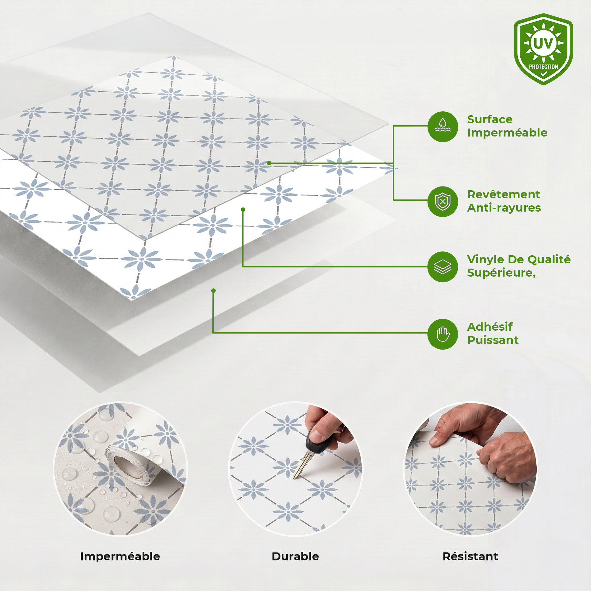 Sticker Sol avec laminat de Protection en Plastique Anti-dérapant | Stickers adhésif Sol - CARREAUX DE CIMENT SOL BIANCA - 1 sticker