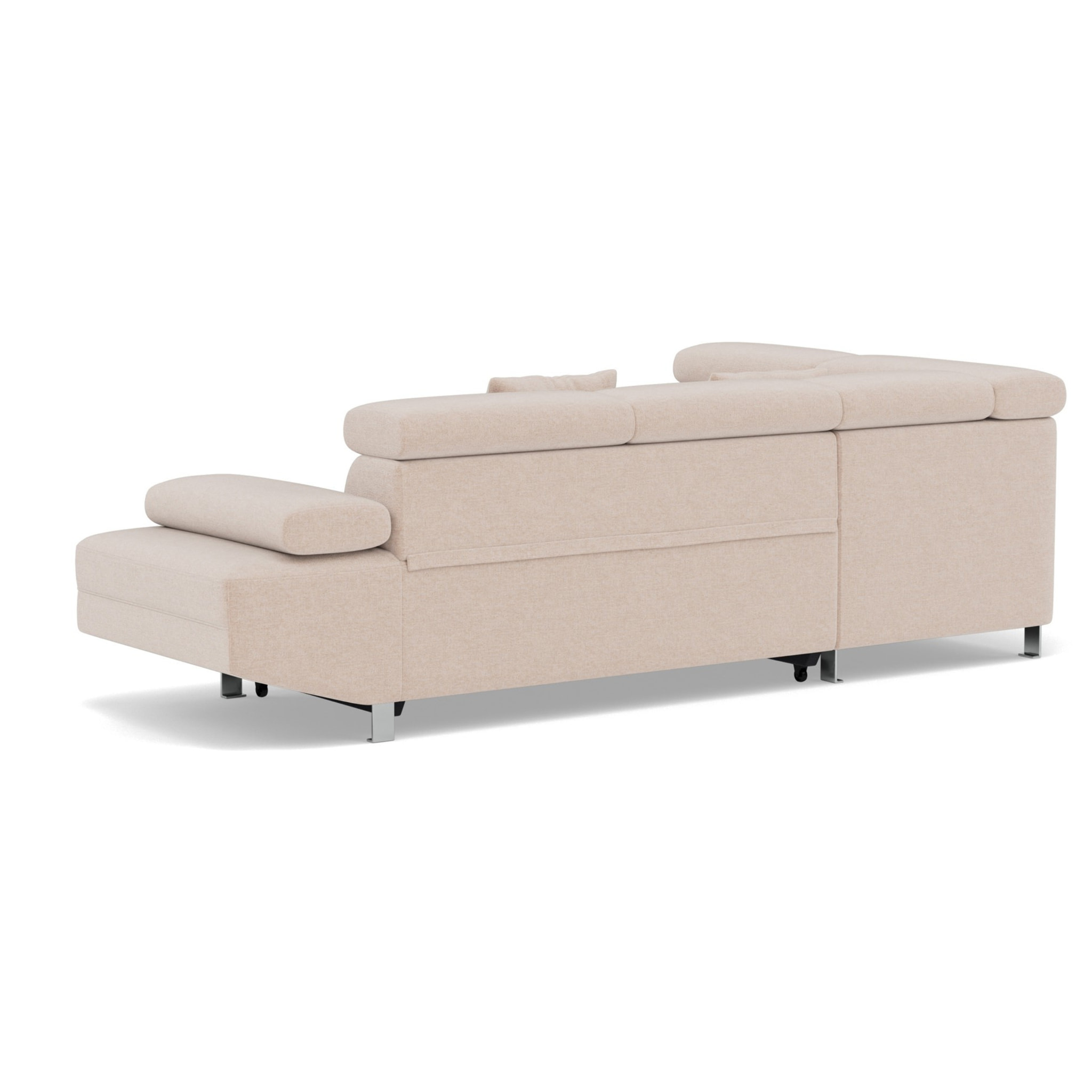 Margaux - Canapé d'angle gauche 5 places convertible avec coffre et têtières réglables en velours texturé - Beige