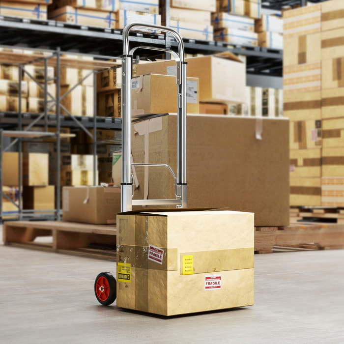 Carretilla Plegable de Aluminio con Mango Telescópico Ajustable, Carga 90 kg, Carretilla de Mano con Ruedas, para Garaje, Oficina, Equipaje, Viajes, Mudanzas y Compras, Plata y Negro