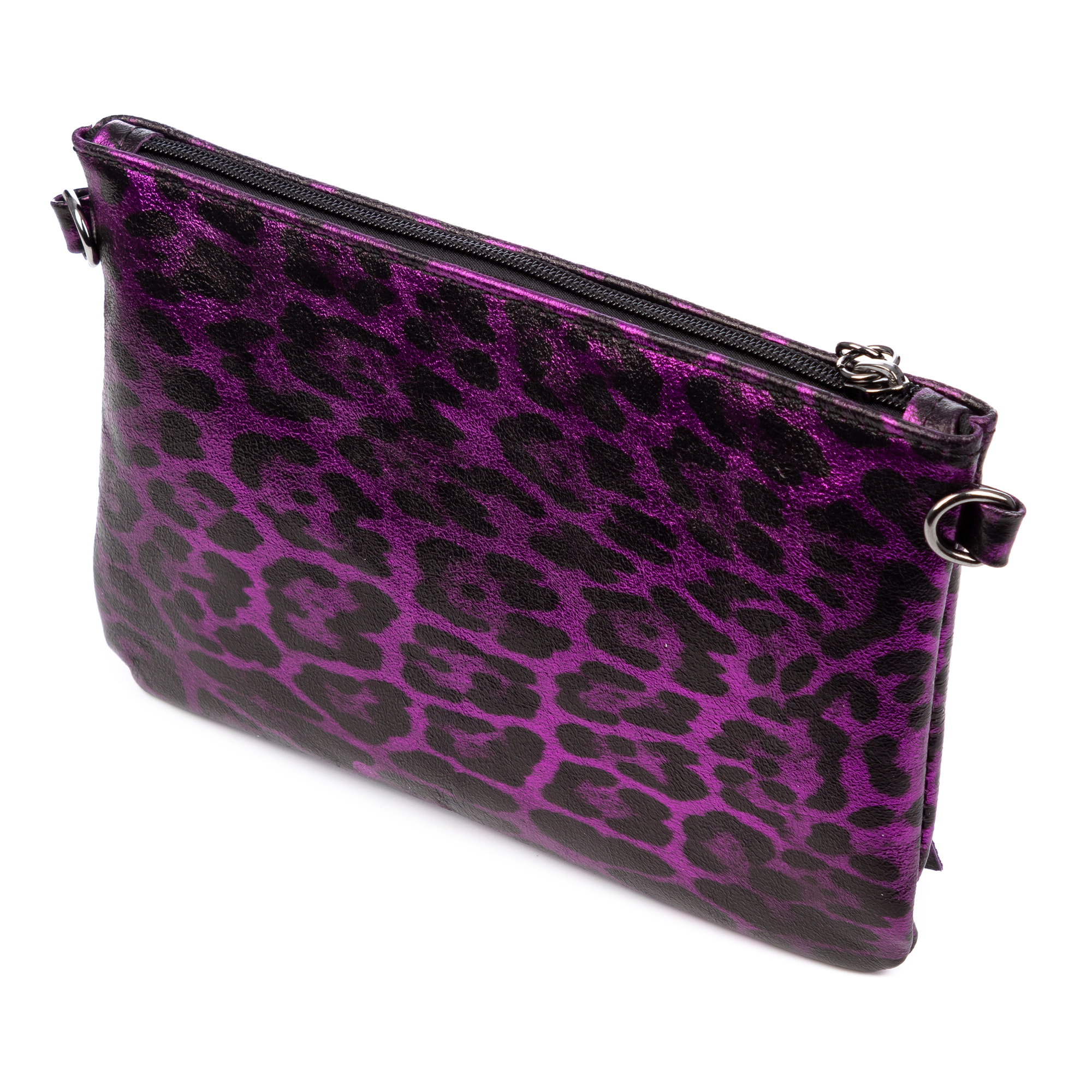 Oleggio bolso bandolera mujer. Piel auténtica Gamuza con estampado de animal print leopardo y lacada brillante.