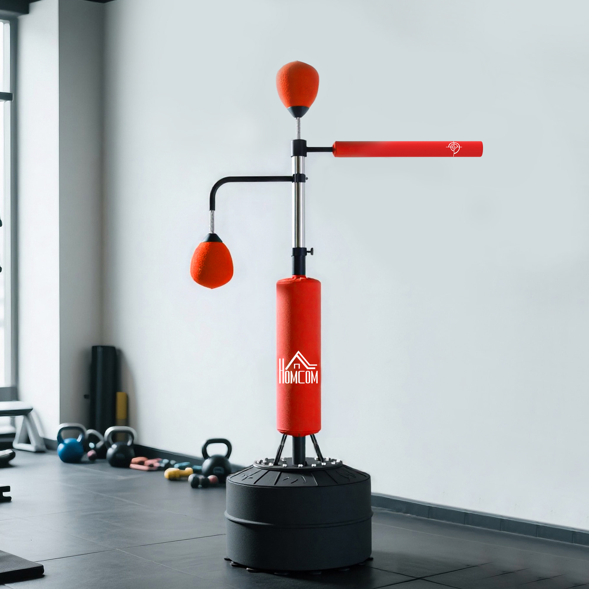 Saco de Boxeo de Pie, 160-230 cm, Saco de Boxeo con Barra Giratoria de 360°, 2 Bolas de Velocidad y Base Rellenable, Punching Ball para Adultos y Niños, Entrenamiento MMA, Muay Thai, Rojo