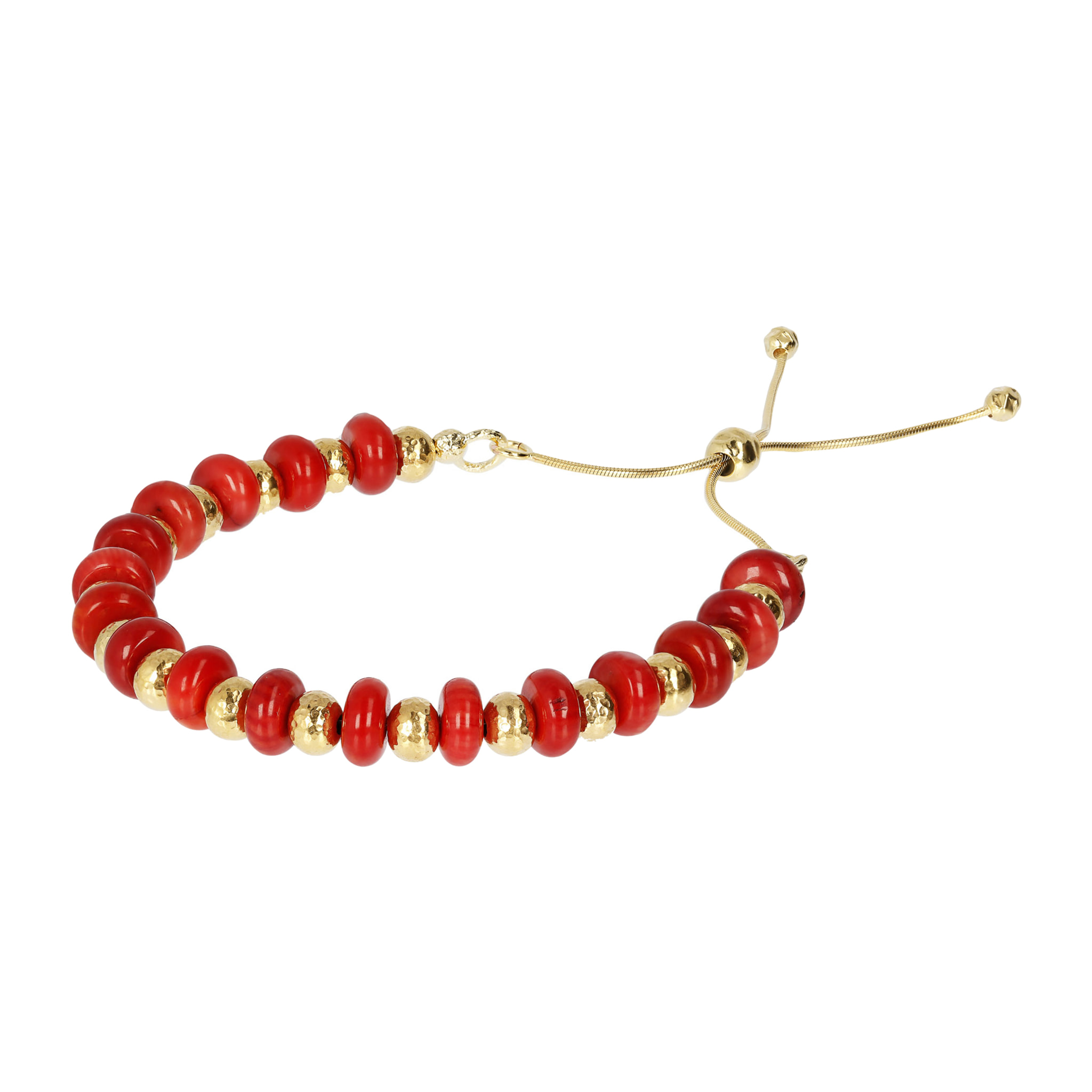 Bracciale con Sfere Golden Martellate e Pietra Naturale Corallo Bambù Rosso