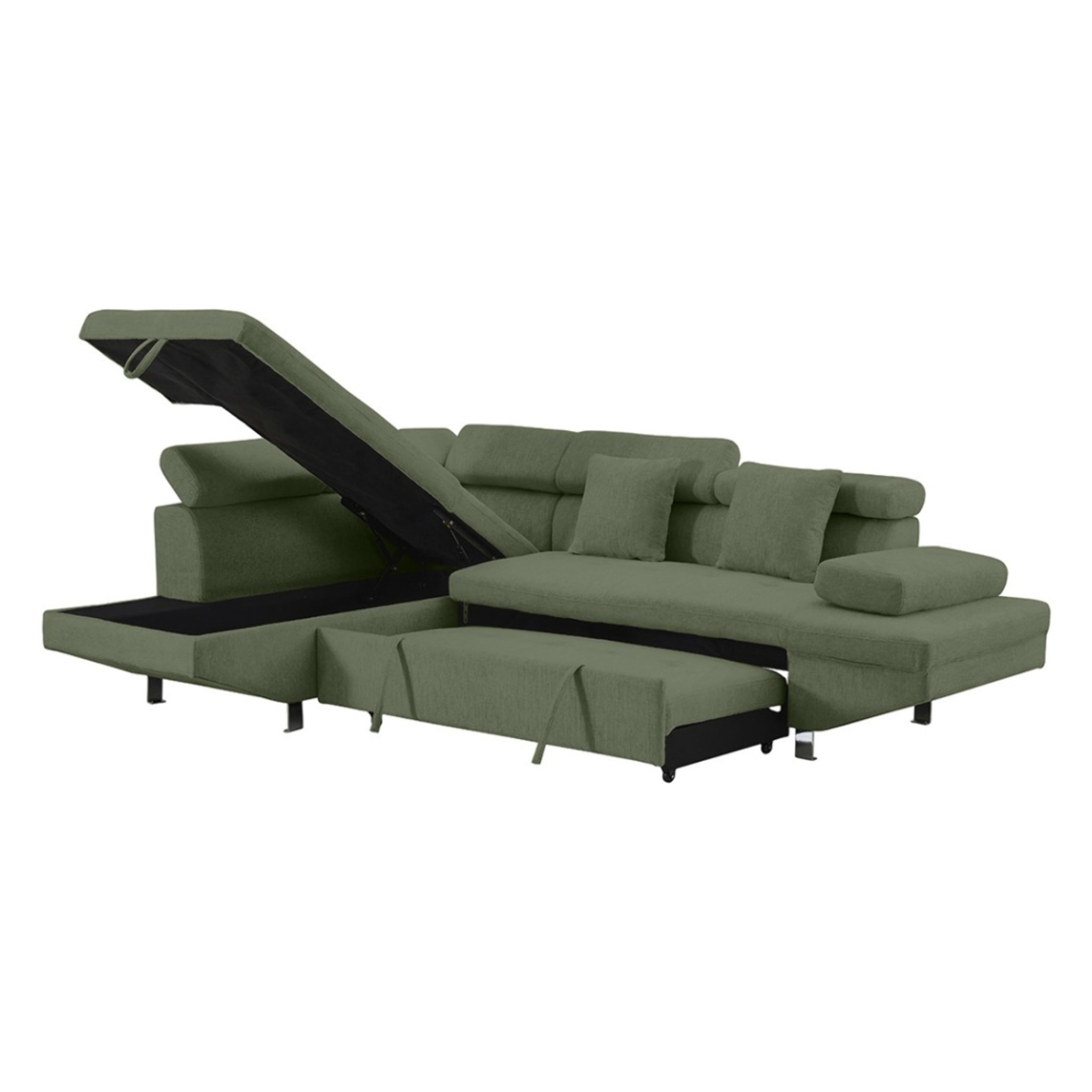 Margaux - Canapé d'angle gauche 5 places convertible avec coffre et têtières réglables en velours texturé - Vert