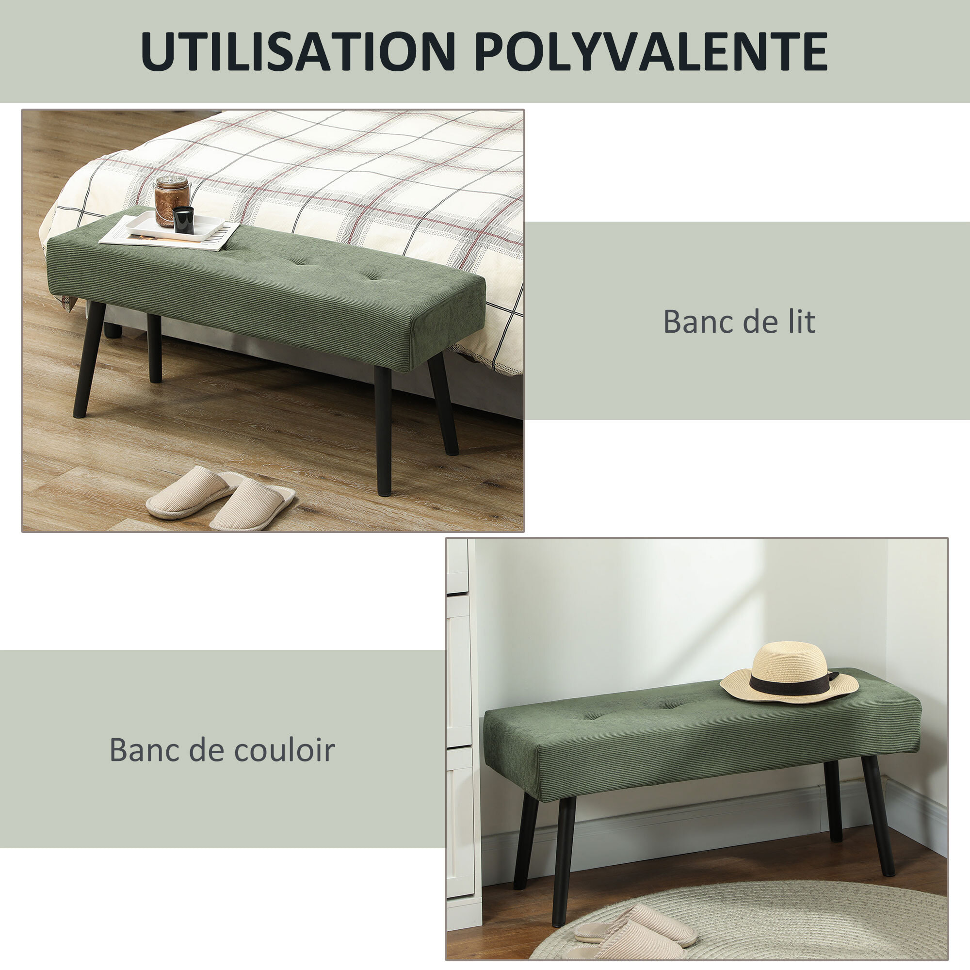 Banquette bout de lit velours côtelé design dim. 100 x 36 x 45 cm acier noir tissu vert