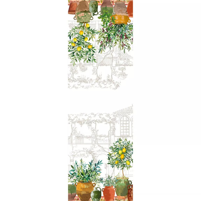 Chemin de table lin & coton lavé 190 g/m² imprimé vert marron Jardin provencal olive