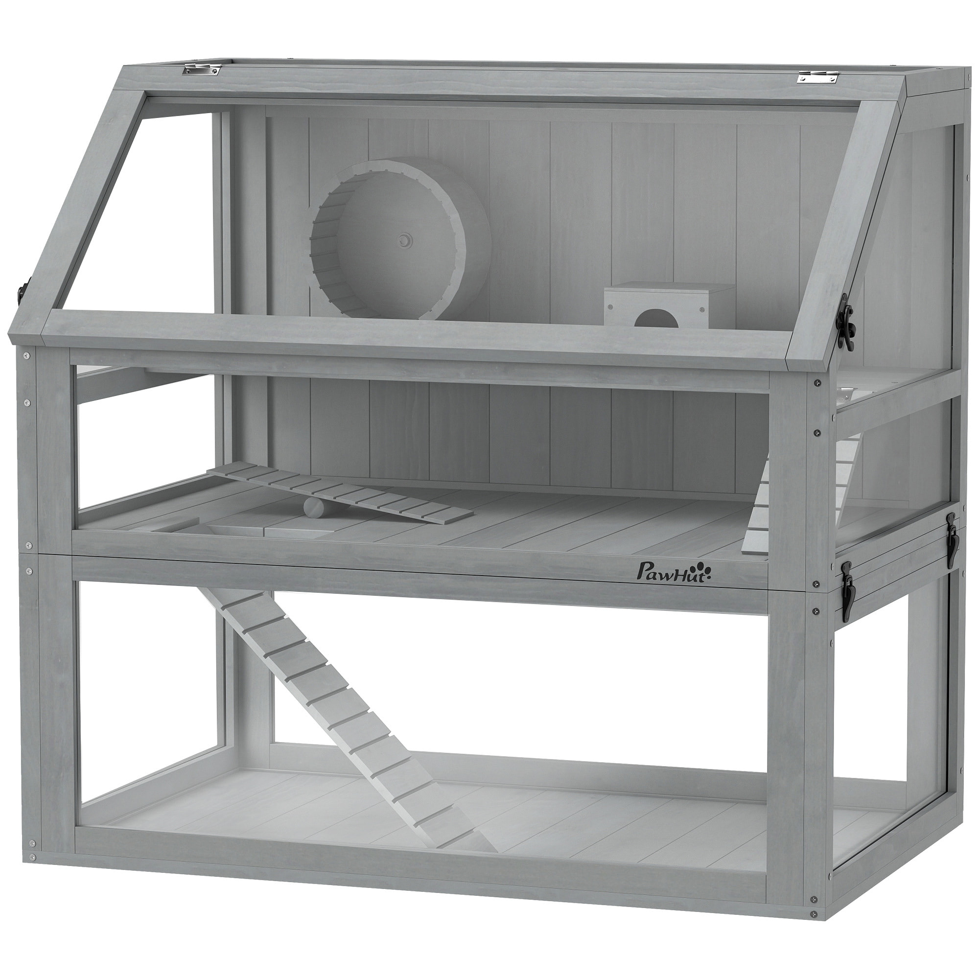 Cage rongeur hamster en bois dim.80x50x76cm 3 niveaux rampes roue bascule cabane gris