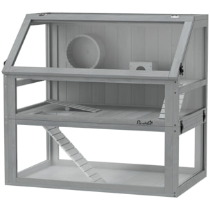 Cage rongeur hamster en bois dim.80x50x76cm 3 niveaux rampes roue bascule cabane gris