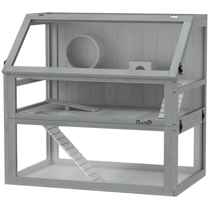 Cage rongeur hamster en bois dim.80x50x76cm 3 niveaux rampes roue bascule cabane gris