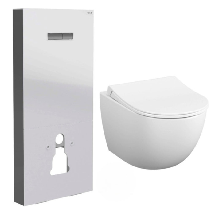 Pack WC Bâti support en verre trempé/aluminium brossé avec plaque intégrée, Blanc + WC sans bride Sento + Abattant softclose