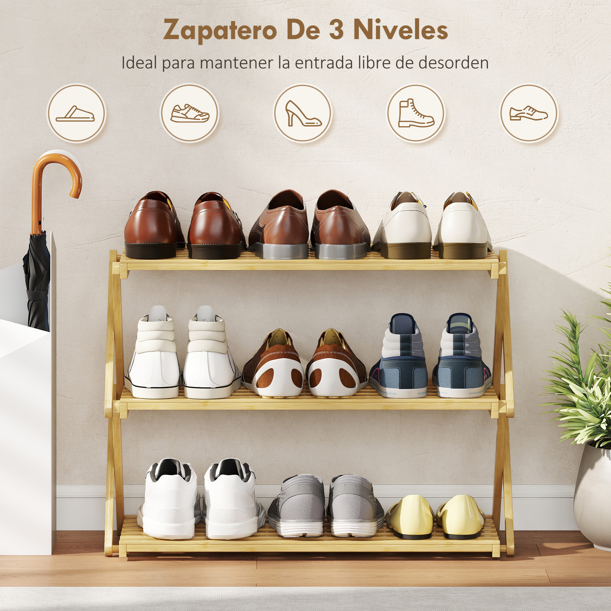 Zapatero Estrecho de Bambú, Zapatero Vertical Plegable de 3 Niveles, Sin Instalación, Estantería para Zapatos para Entrada, Pasillo, Dormitorio, Natural