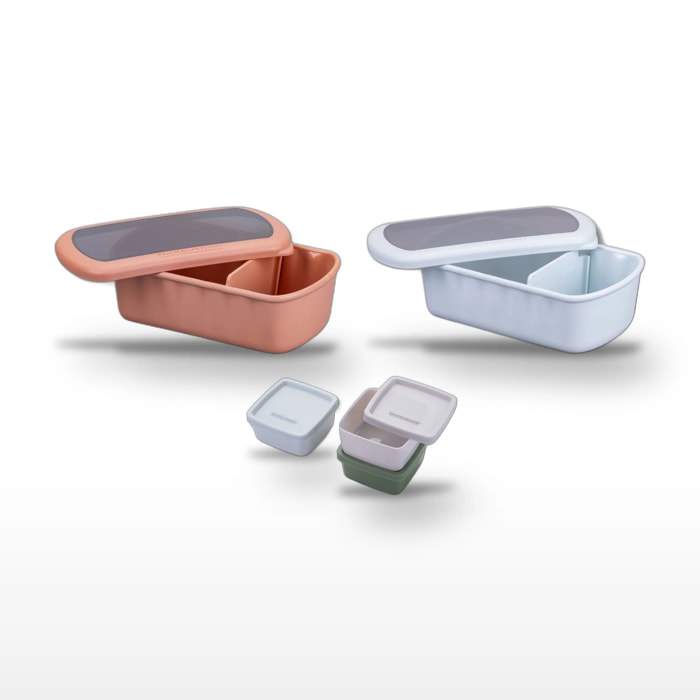 Lot de 2 lunch box 1L avec 3 boites à sauce Fackelmann Storage Terracotta + Bleue
