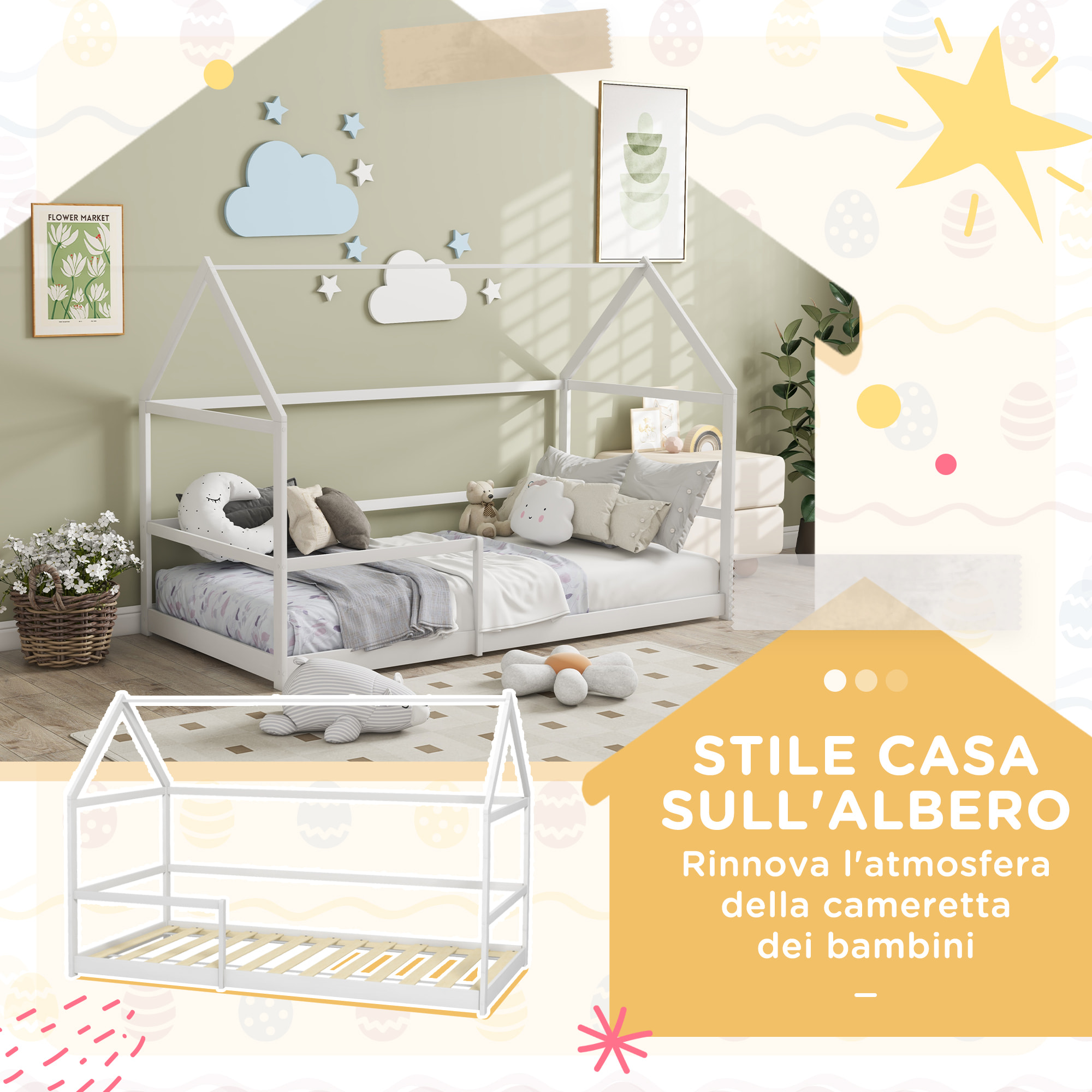 AIYAPLAY Letto per Bambini a Casetta con Barriere di Protezione, Età 3-8 Anni, 196x97.5x135cm, Bianco