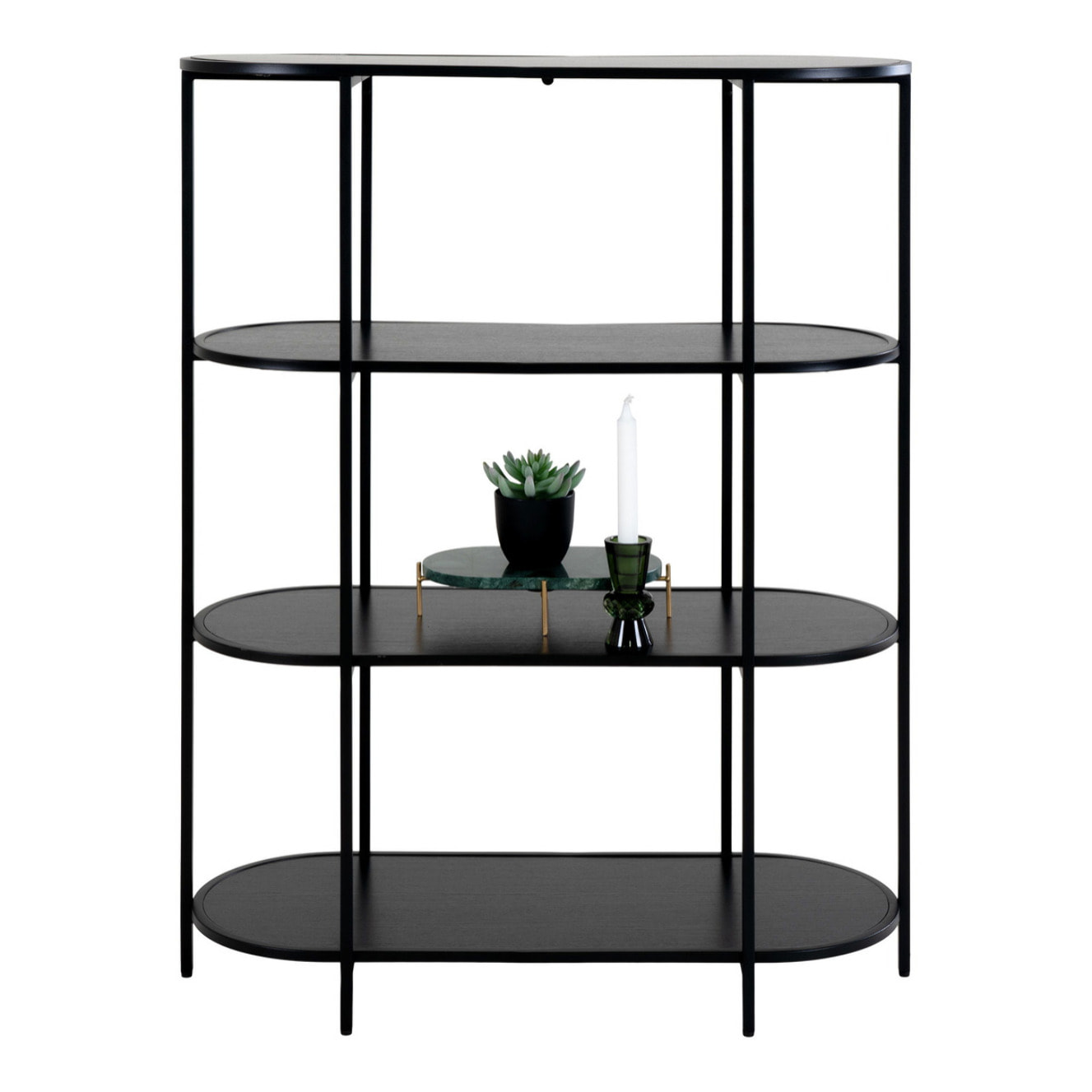 Libreria Vita ovale a 4 ripiani in nero con struttura in acciaio, 85×36×111 cm