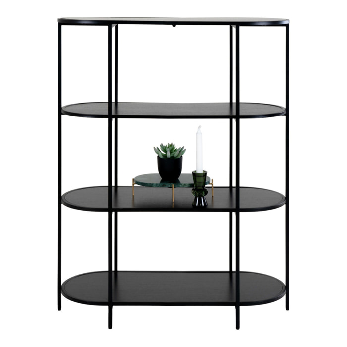 Libreria Vita ovale a 4 ripiani in nero con struttura in acciaio, 85×36×111 cm