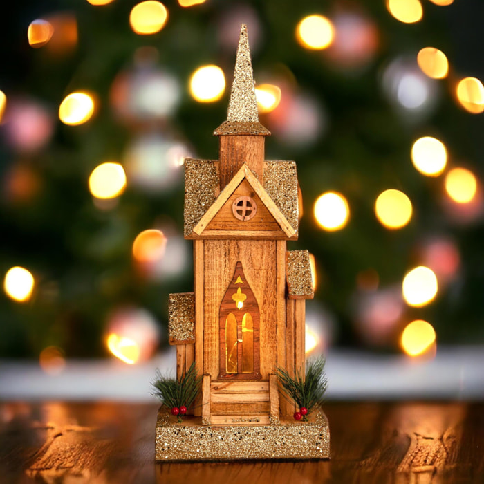 Chiesetta con tetto Dorato 5/Led - Pezzi 1 - Colore Marrone - 19x49Hx12cm - Bianchi Dino