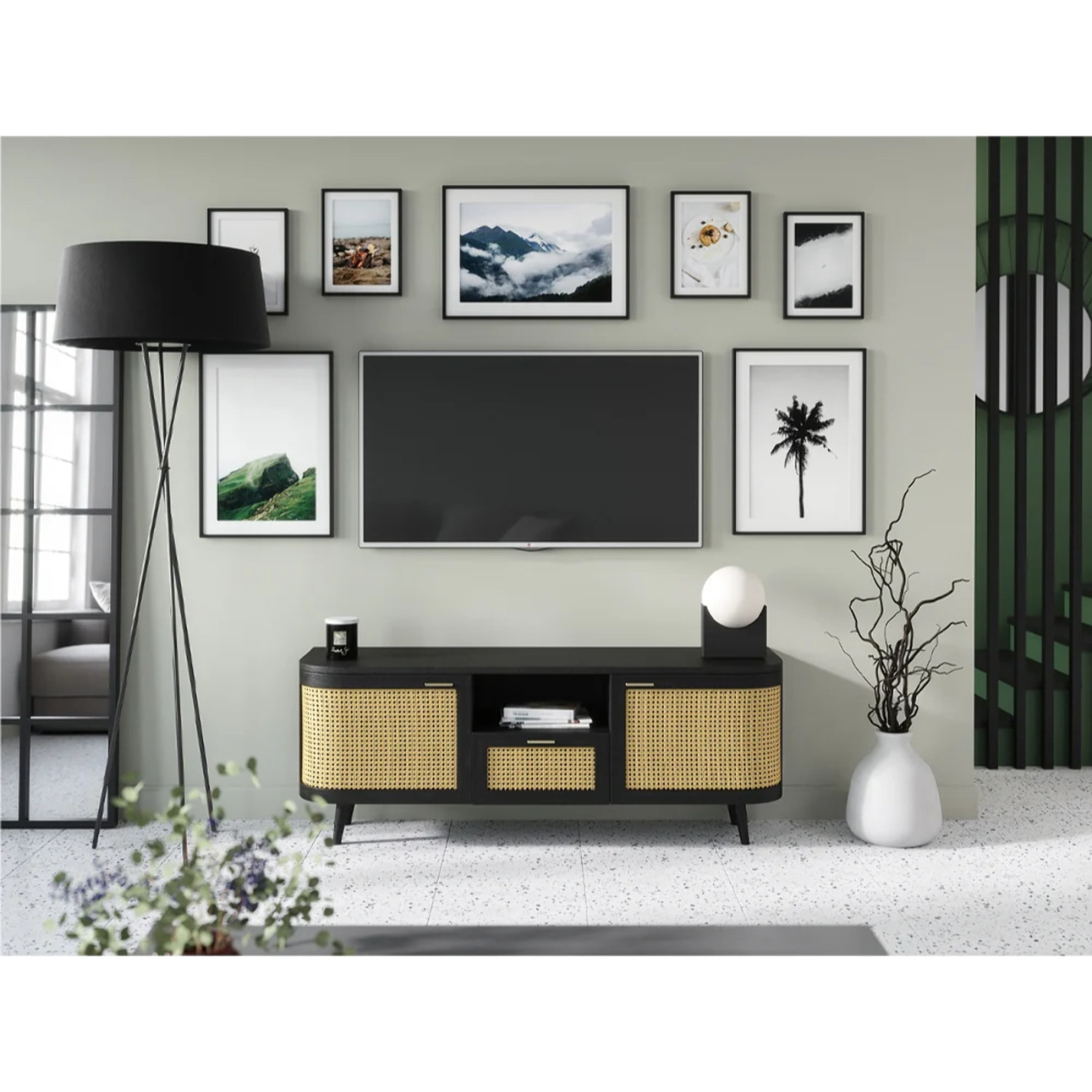Meuble TV en bois de manguier et cannage 145 cm - Wendy