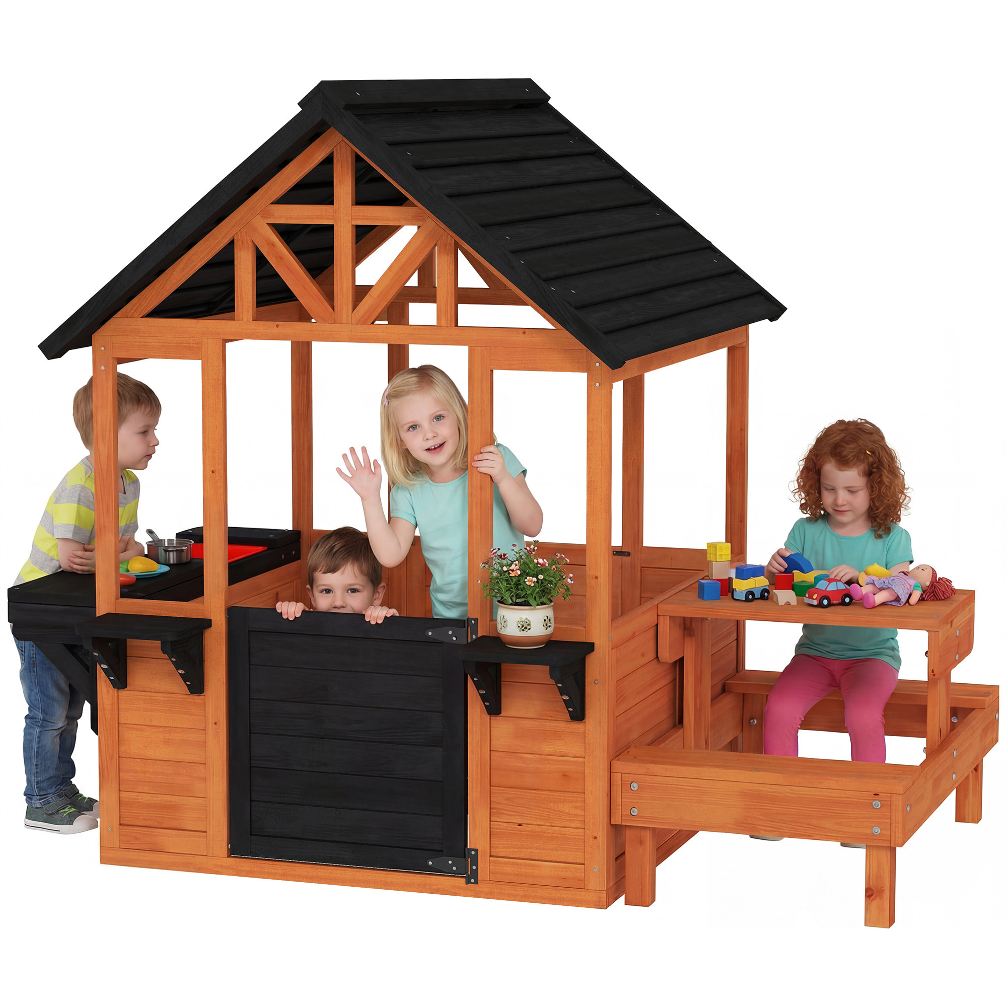Casita Infantil Exterior e Interior de Madera, Casita Infantil con Barra de Snack y Bancos, Mesa Lateral, Fregadero, Maceteros, Ventanas, Casa de Jardín para Niños de 3-8 Años, Marrón Claro