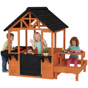 Casita Infantil Exterior e Interior de Madera, Casita Infantil con Barra de Snack y Bancos, Mesa Lateral, Fregadero, Maceteros, Ventanas, Casa de Jardín para Niños de 3-8 Años, Marrón Claro