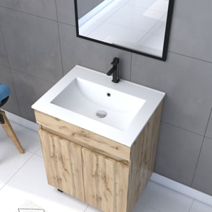 Meuble salle de bains 60cm décor chene naturel 2 portes - Vasque blanche et Miroir - TIMBER
