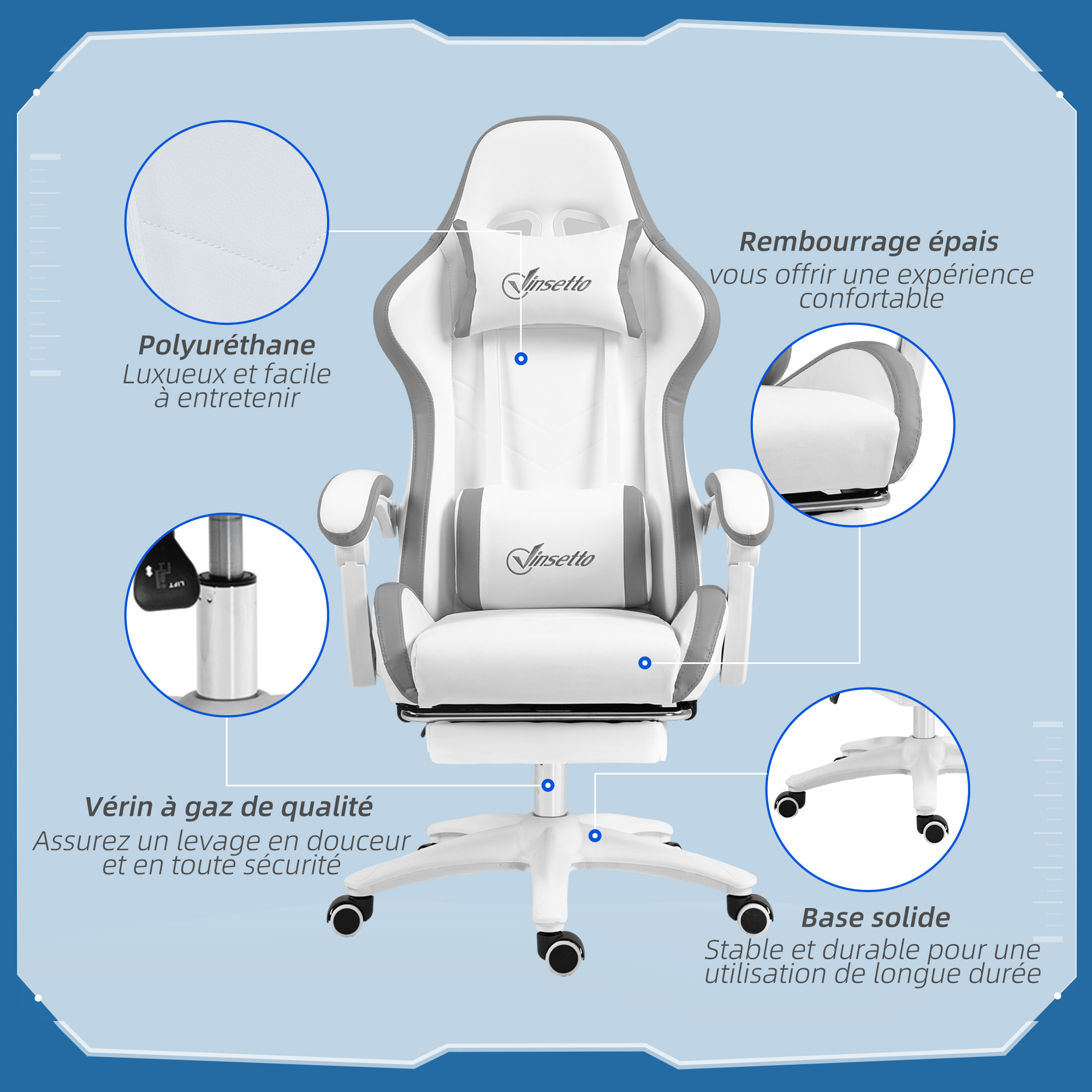 Chaise de bureau gaming - inclinable, pivotant, réglable - coussins lombaires têtière inclus - gris blanc