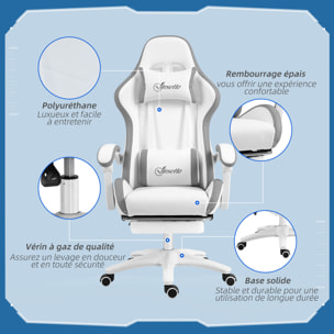 Chaise de bureau gaming - inclinable, pivotant, réglable - coussins lombaires têtière inclus - gris blanc