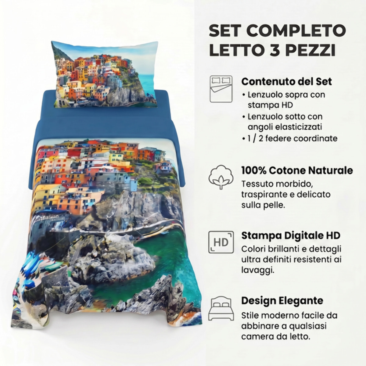 Completo lenzuola una piazza e mezza in cotone con stampa alta qualità, set letto con lenzuolo sopra, sotto con angoli e federa, morbido e traspirante per pelli sensibili, colori brillanti e durevoli, certificato OEKO-TEX, comfort quotidiano