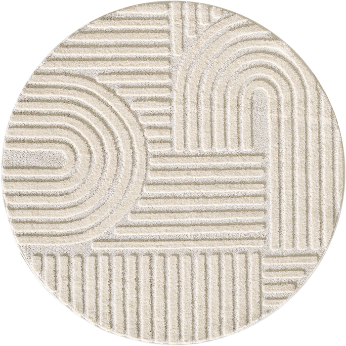 TURIN - Tapis rond moderne à motif géométrique en relief Creme