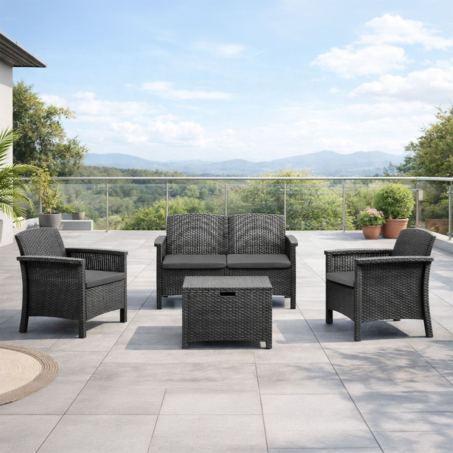 Salon de jardin 4 places effet résine tressée gris anthracite avec table basse MENIA