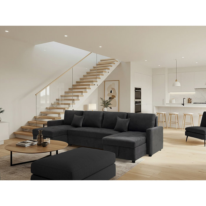 Canapé panoramique convertible avec coffres de rangement "Antoine" - 5 places - Gris foncé