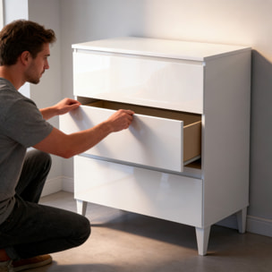 Comodino Con 3 Cassetti Cassettiera Settimino Mobile Da Camera Da Letto Moderno Mobiletto Con Piedini Montaggio Facile 80 x 40 x 80 Cm Bianco Lucido