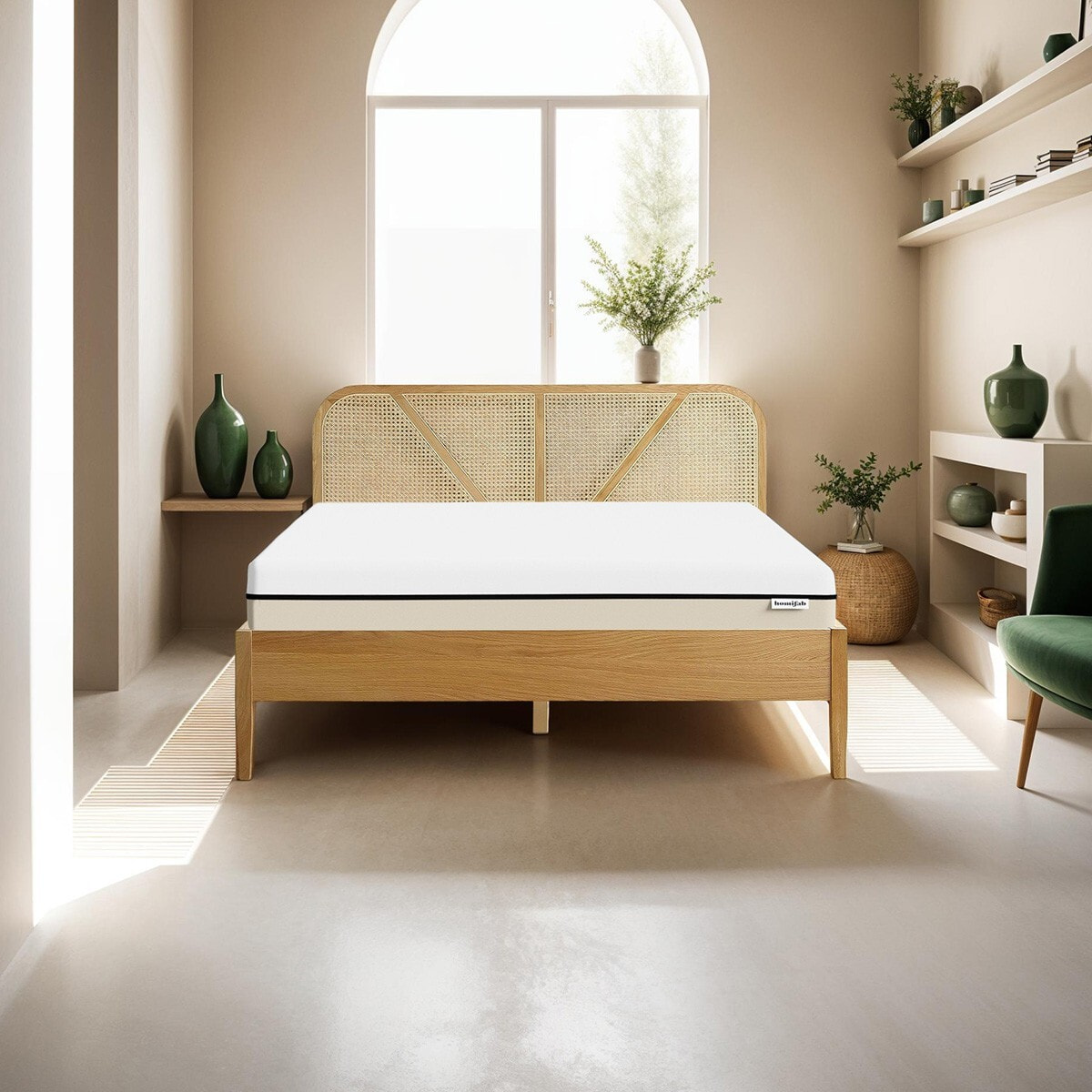 Lit en bois et cannage + Matelas Hybride - LEONIE & SPRING ELITE